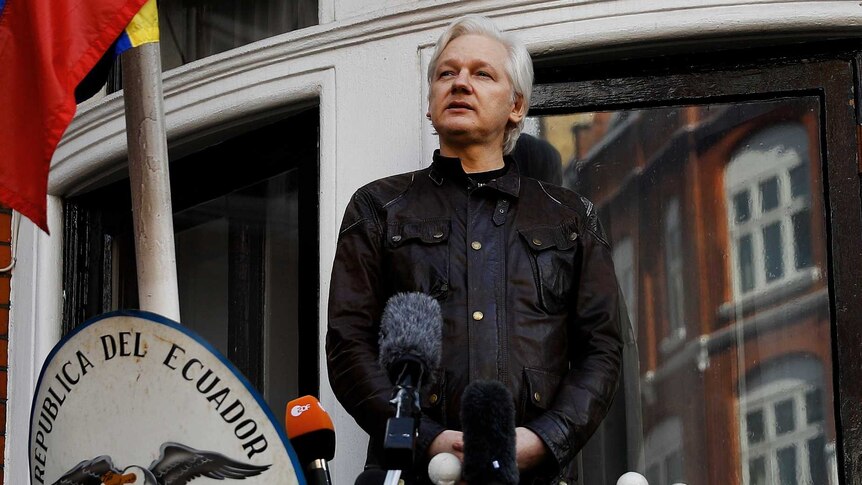 Julian Assange delivers a speech on the balcony of the Ecuadorian Embassy in London.