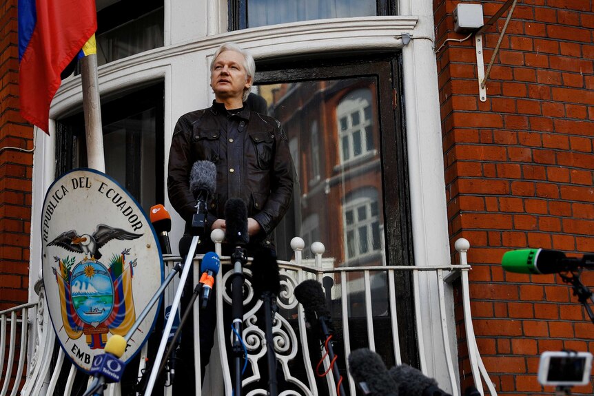 Julian Assange delivers a speech on the balcony of the Ecuadorian Embassy in London.