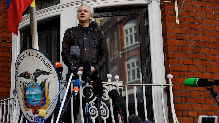 Julian Assange delivers a speech on the balcony of the Ecuadorian Embassy in London.