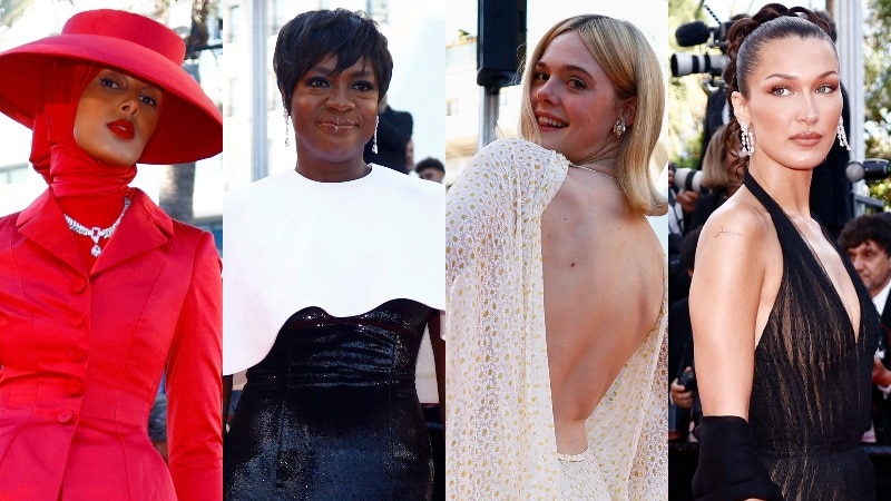 A composite image of Rawdah Mohamed, Viola Davis, Elle Fanning and Bella Hadid at Cannes 2024. 