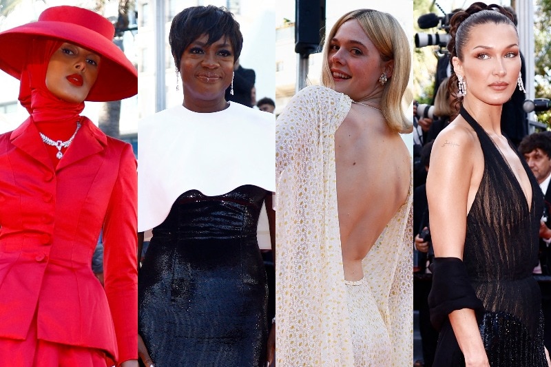 A composite image of Rawdah Mohamed, Viola Davis, Elle Fanning and Bella Hadid at Cannes 2024. 