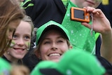 Melbourne Stars player Holly Ferling takes a selfie with a fan at a Women's Big Bash League (WBBL) game.