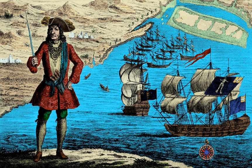 A colour illustration of a pirate with a sword and many ships, flying black and red flags