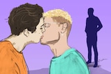 Illustration of two men kissing with a shadow in the background