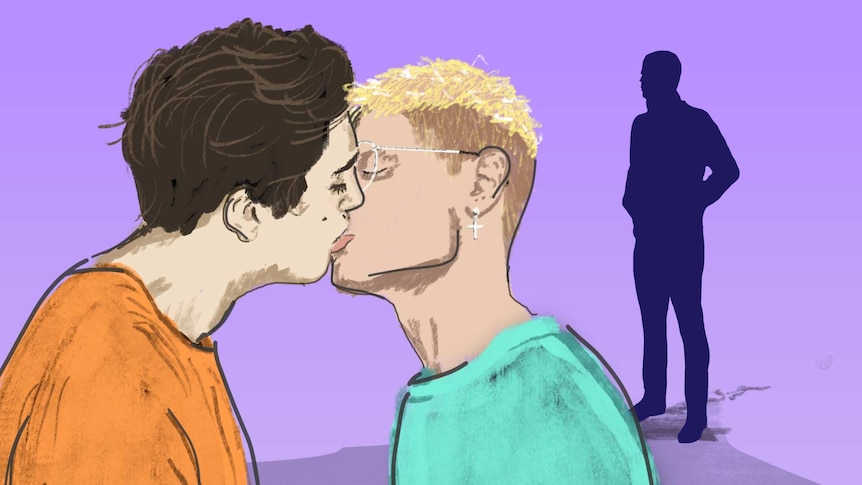 Illustration of two men kissing with a shadow in the background