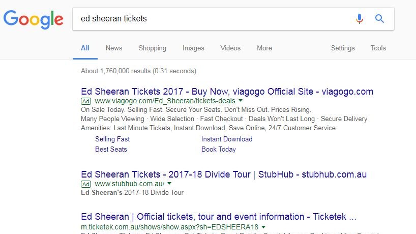 A screenshot of search results for Ed Sheeran tickets, with Viagogo the top result