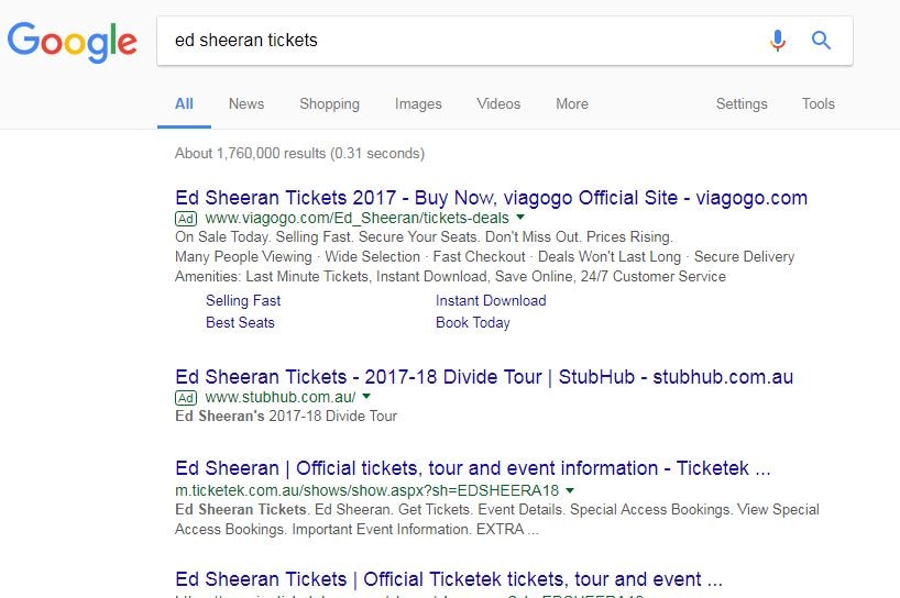 A screenshot of search results for Ed Sheeran tickets, with Viagogo the top result