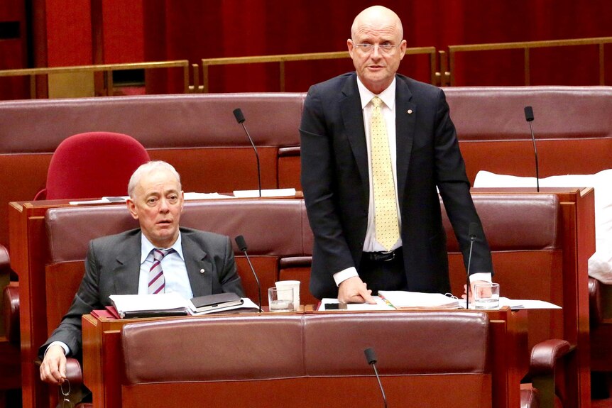 Bob Day, sitting next to David Leyonhjelm, watches his speak in the Senate Chamber.