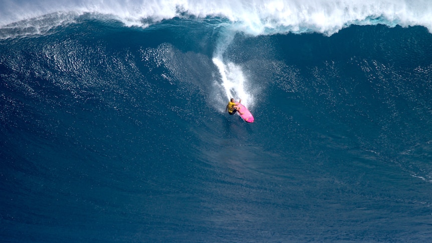 A woman on a surfboard is dwarfed by the enormous wave she is riding.
