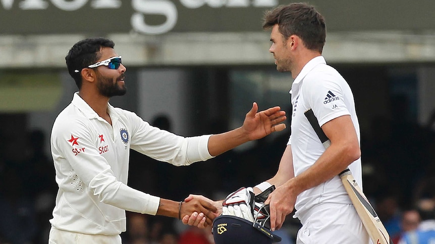 Ravindra Jadeja and James Anderson shake hands