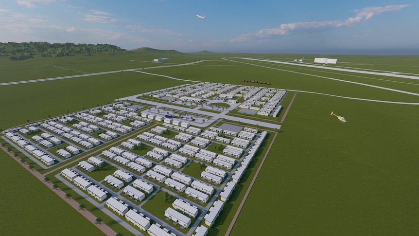 Artists impression of the Wellcamp quarantine facility, showing rows of cabins.