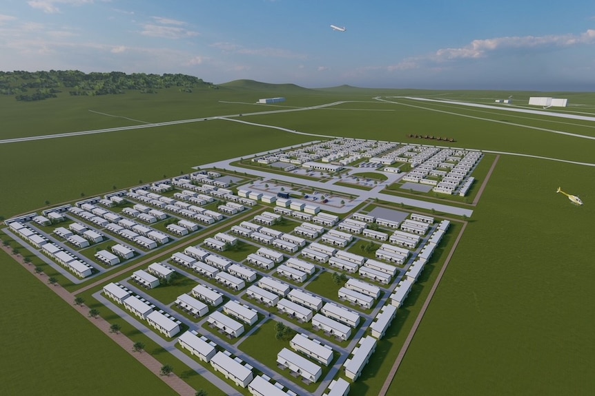 Artists impression of the Wellcamp quarantine facility, showing rows of cabins.
