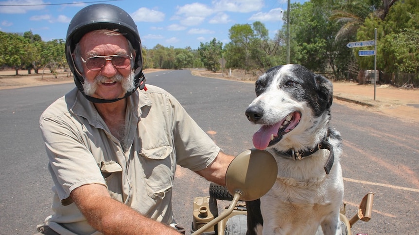 A photo of harold tavner on the seat of a war time german motorbike with billy the black and white cattle dog in the sidecar