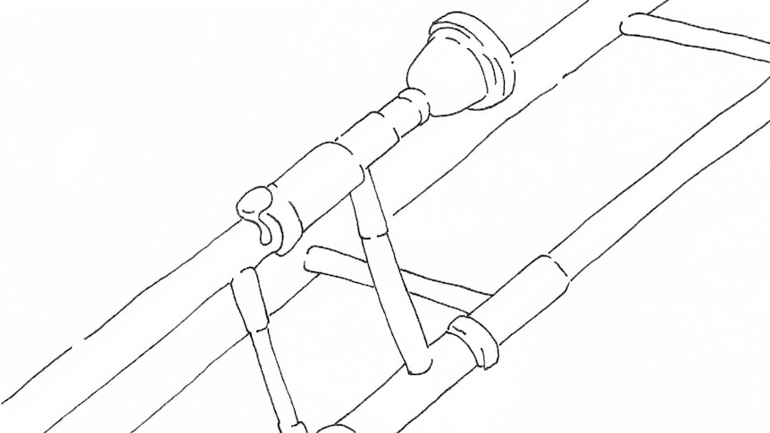A line drawng of the middle section of a trombone, including the mouthpiece.