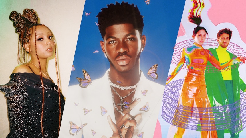 A collage of Falls Festival 2022 artists PinkPantheress, Lil Nas X, Magdalena Bay