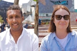 A composite image shows Seyi and Renae in Melbourne's Federation Square for a story on racism.