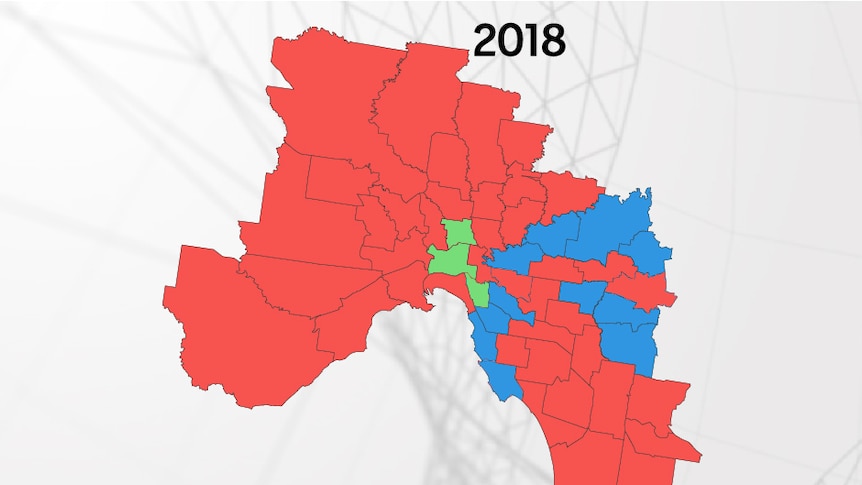 A map displays the metropolitan electorates held by the Labor, Liberal and Greens parties after the 2018 election.