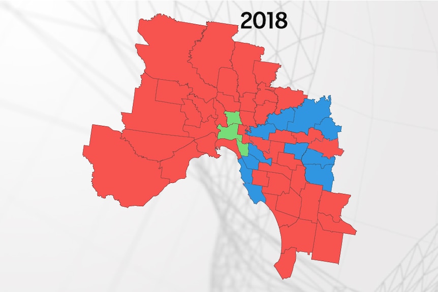 A map displays the metropolitan electorates held by the Labor, Liberal and Greens parties after the 2018 election.