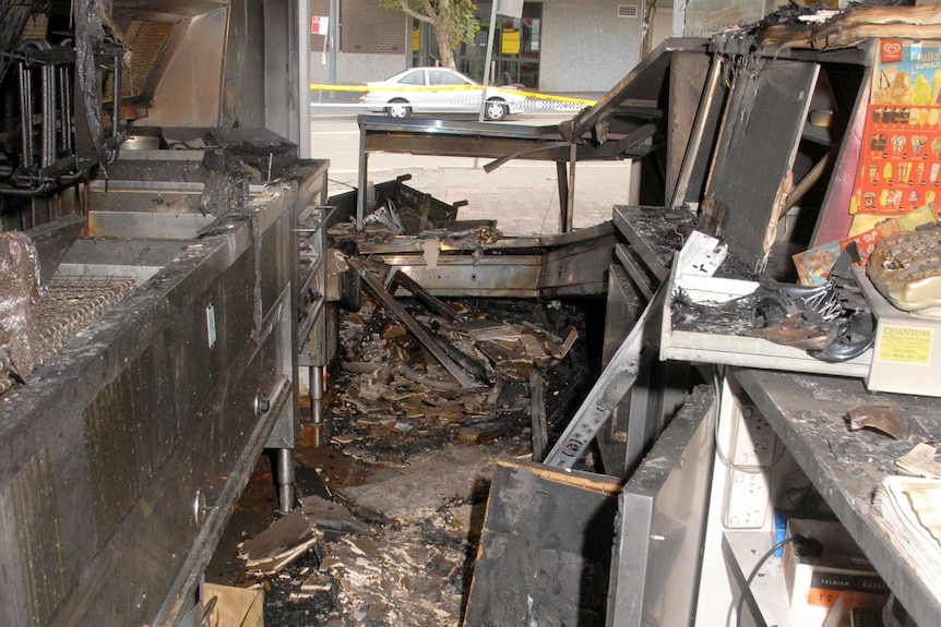 Takeaway shop destroyed in arson attack at Riverstone, April, 2014