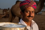 A man in a multicoloured turban holds a bowl of camel milk up to the camera.