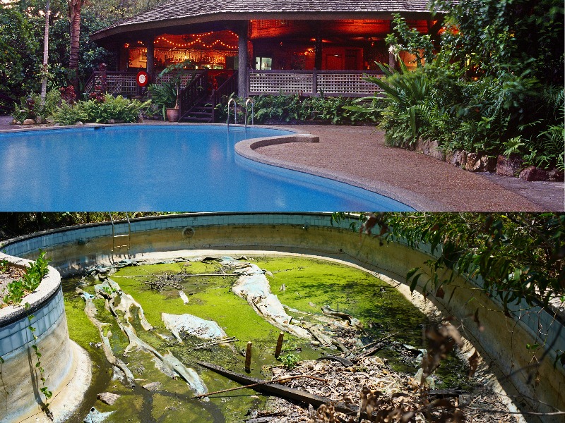 A picture of Cape Richards resort pool in the 2000s and now.