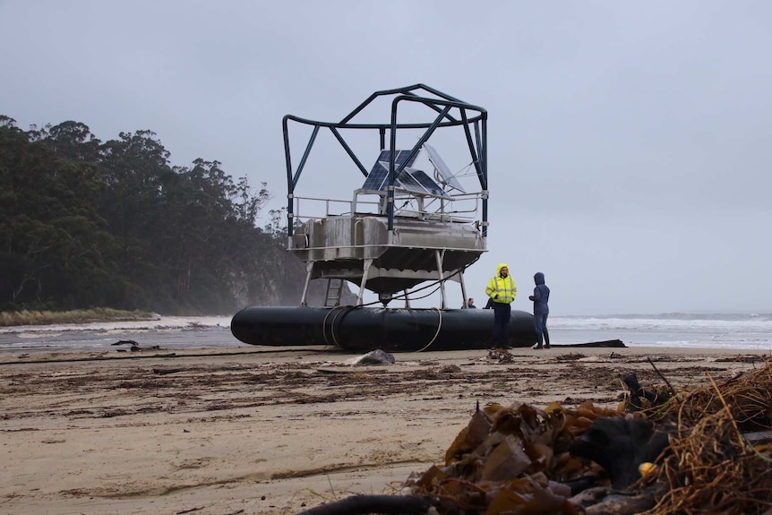 Huon Aquaculture fish feeder washed up at Kingston Beach.