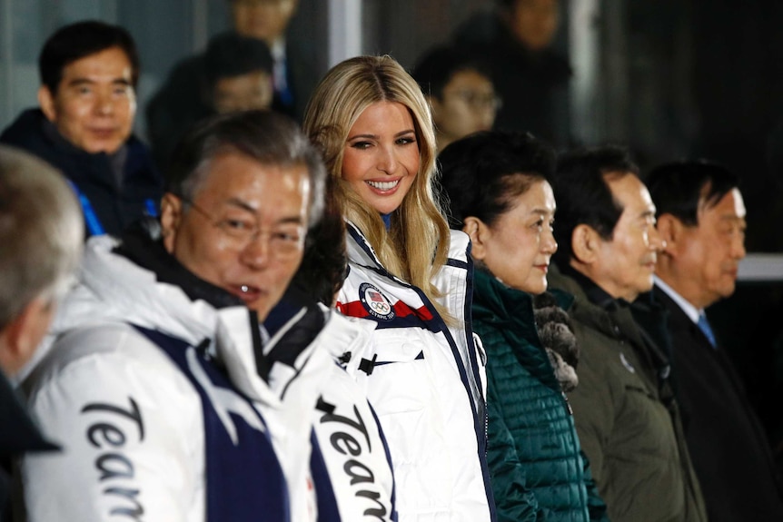 Ivanka Trump smiling while in attendance at the Olympic Winter Games closing ceremony.