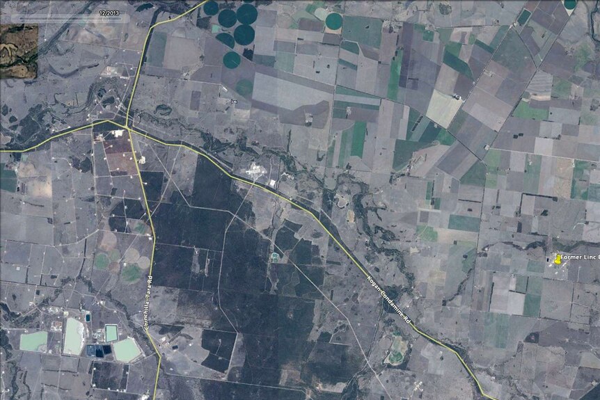 A 2013 satellite image showing the Linc site and the number of surrounding CSG wells in 2013, when the Queensland government was first warned about Linc contamination.
