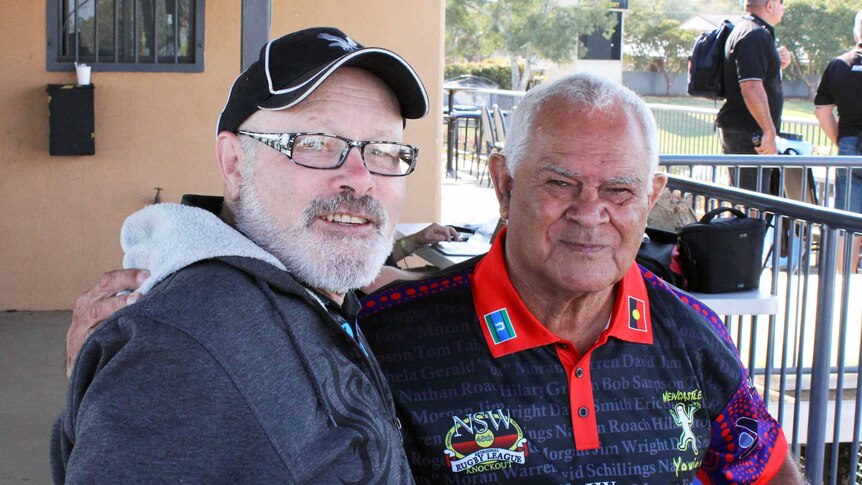 BJ Duncan and Uncle Barry Moran catch up at the Koori Knockout in Dubbo.