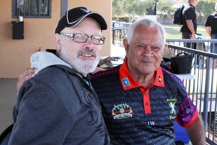 BJ Duncan and Uncle Barry Moran catch up at the Koori Knockout in Dubbo.