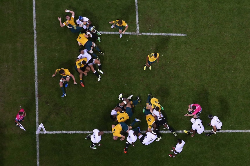 Overhead shot of Pocock scoring against Fiji