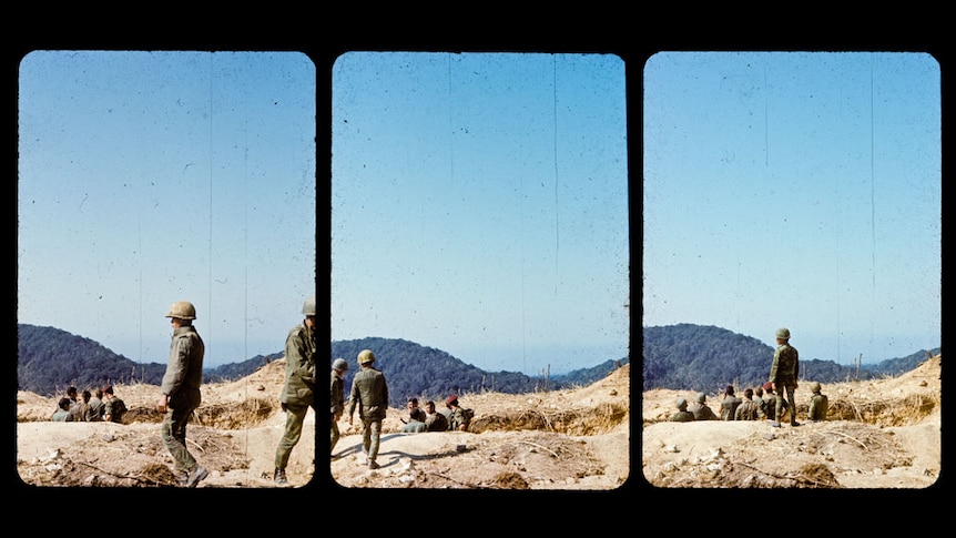 Three scratched images of soldiers, hills in background