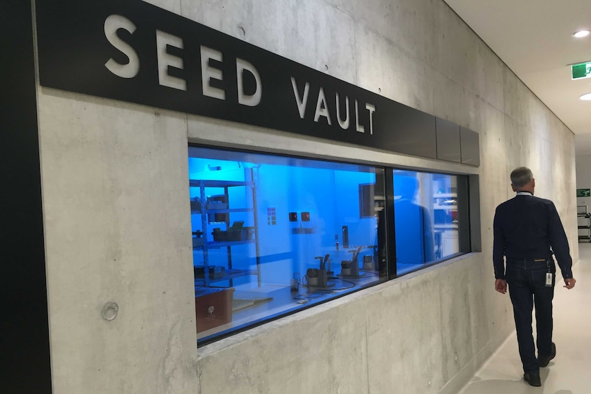 Large sign announcing Seed Vault above a window into a blue lit room at Mt Annan Australian Botanic Gardens