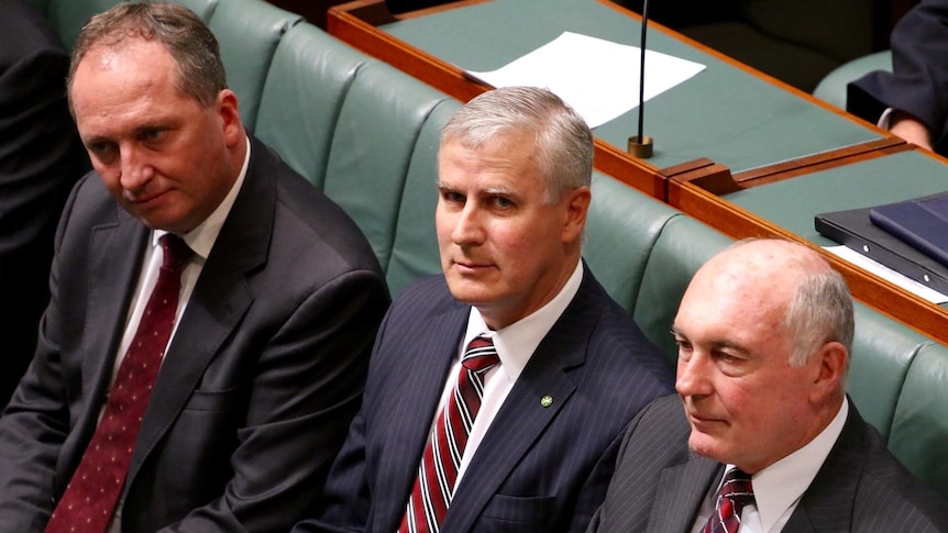 Michael McCormack sits between Barnaby Joyce and Warren Truss in the House of Representatives.