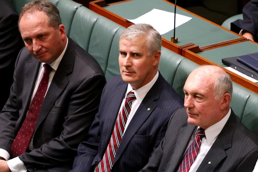 Michael McCormack sits between Barnaby Joyce and Warren Truss in the House of Representatives.