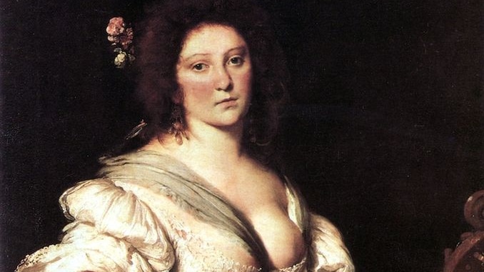 A painting of composer Barbara Strozzi holding a viola da gamba.