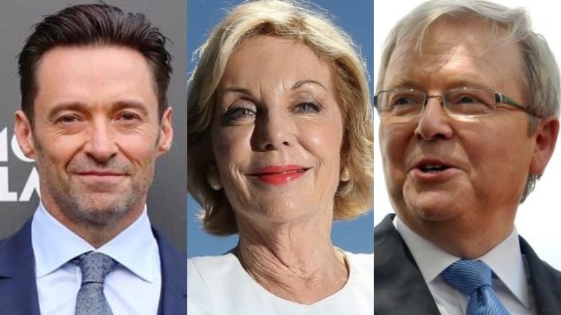 A composite image of Hugh Jackman, Ita Buttrose and Kevin Rudd.