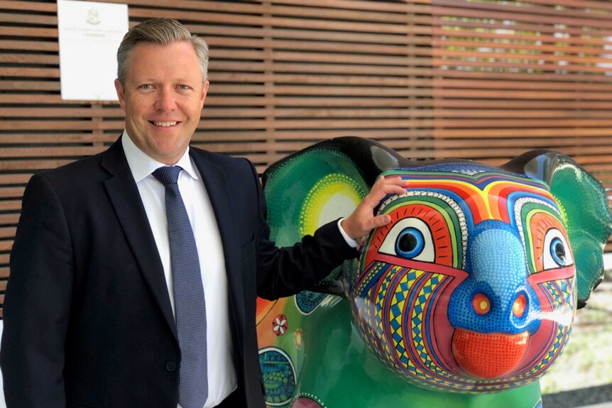 Cr Cameron Caldwell rests his hand on a colourfully painted koala statue