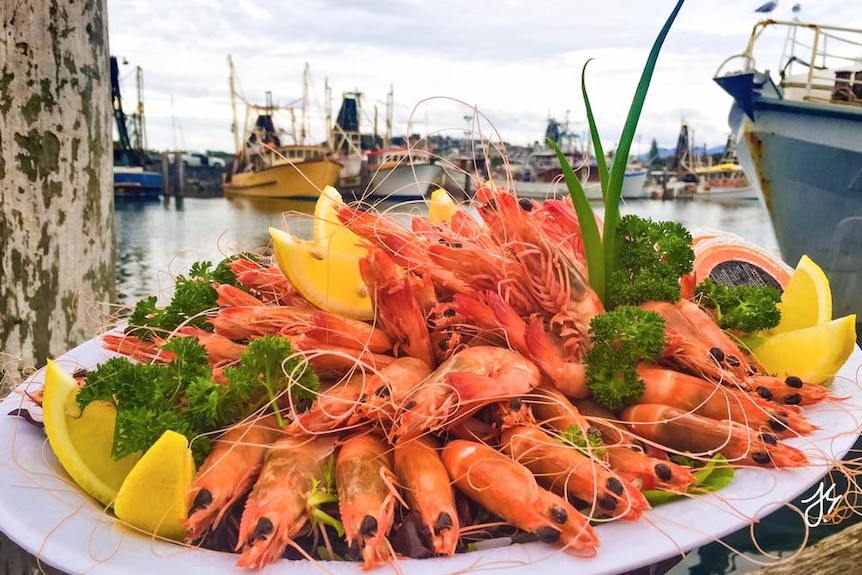 A plate of fresh cooked local prawns.