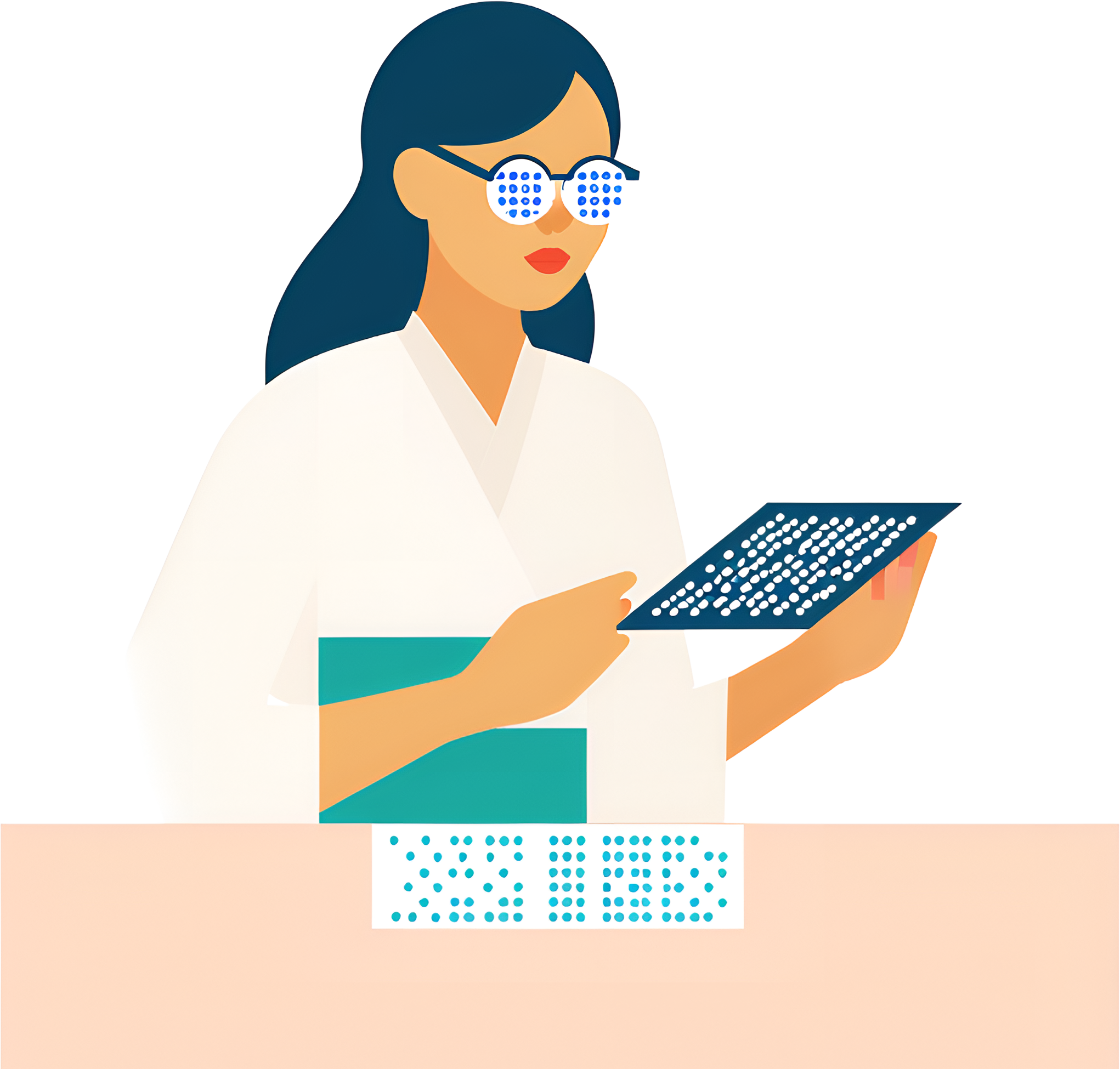 Illustrated person with low vision using braille reader.