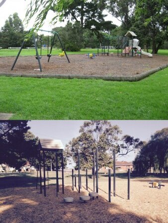The playground at a Bass park before and after equipment was stolen by thieves.