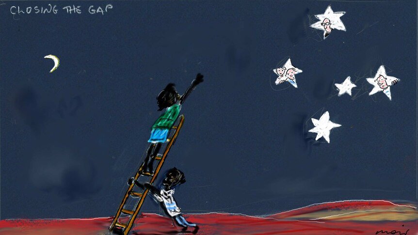 Alan Moir's cartoon shows Aboriginal girl reaching up to the night sky, which is doubled as the Australian flag.