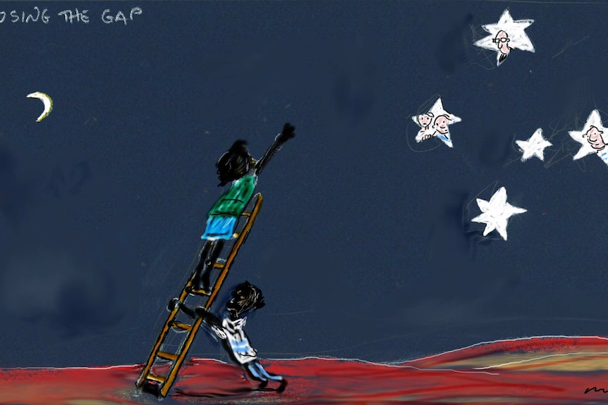Alan Moir's cartoon shows Aboriginal girl reaching up to the night sky, which is doubled as the Australian flag.