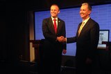 Andrew Barr and Jeremy Hanson shake hands at the ACT Leaders' Debate.