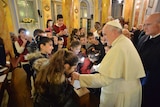 Pope Francis greeting refugees in Turkey