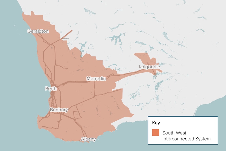 Un mapa de la red eléctrica de Australia Occidental que muestra dónde suministra electricidad Western Power.  