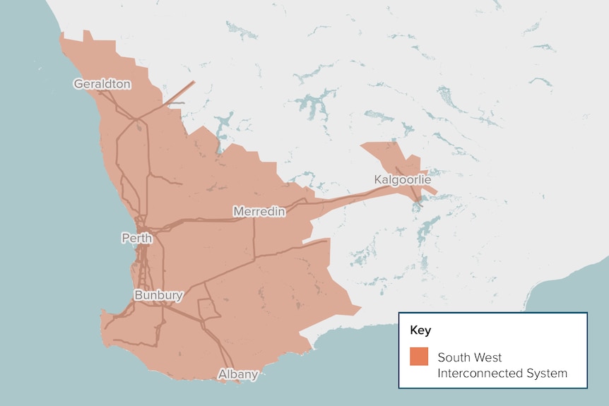 A map of the power grid in Western Australia showing where Western Power supplies electricity.  