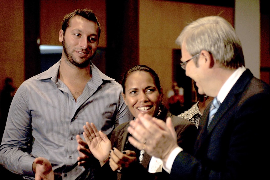 Ian Thorpe, Cathy Freeman and then Prime Minister Kevin Rudd at the first Closing the Gap signing event in 2008.