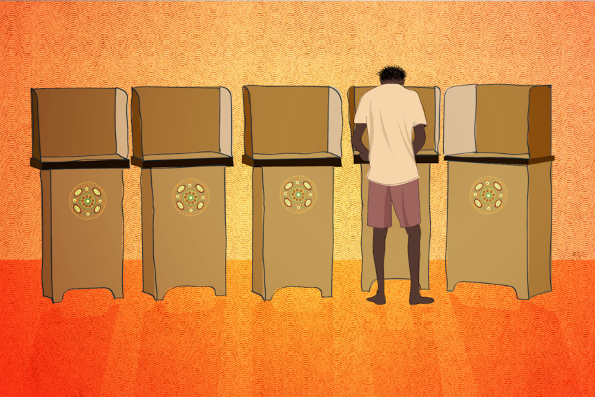 Ani llustration showing a man standing at one of five polling booths.