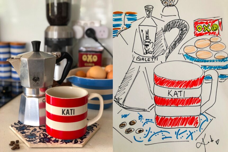 A photo of a coffee pot and a red and white striped cup next to a coloured sketch of the scene.